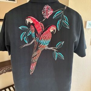 Tori Richard Hawaiian Camp Style Shirt Embroidered Colorful Macaws & Flowers S